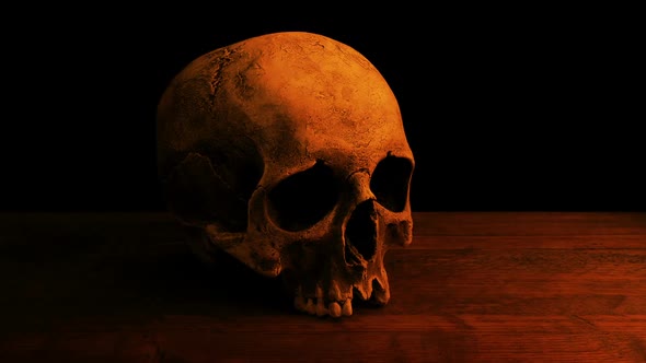 Old Skull On Table Lit Up With Fire alt