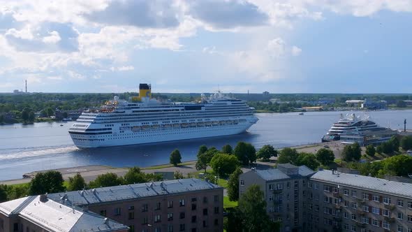 Beautiful Cruise Ship Docked in Riga Latvia Near the Old Town and the Bridge