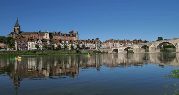 Gien, Loiret department, France. Low water level in the Loire river during a dryness season.