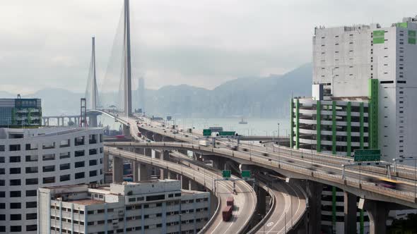 Timelapse Heavy Traffic on Hong Kong Stonecutters Bridge