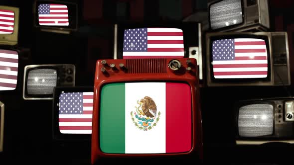 Mexico flag and US Flags on Retro TVs.