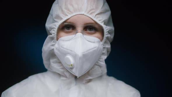 Woman Doctor Wearing White Protective Medical Uniform PPE Suit Coronavirus Protection Dangerous alt