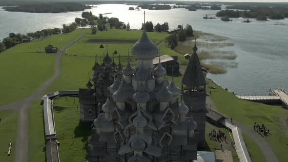 a Cinematic Shot From the Air Around the Wooden Walkway of Kizhi