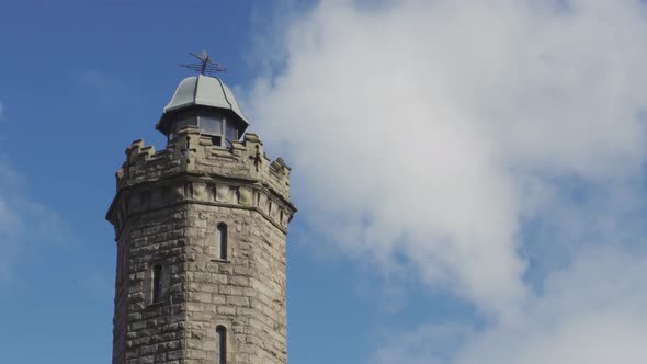 A view of Darwen Tower in Lancashire on a windy day