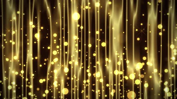 Motion graphics shows gold particles beaming a dark lights show.