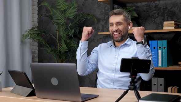 Excited Man Stock Trader Winner Looks Laptop Celebrating Good Stock Market Deal