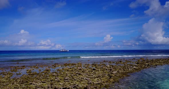 Wide drone clean view of a summer white paradise sand beach and turquoise sea background in colorful