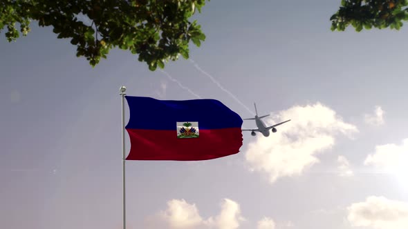 Haiti Flag With Airplane And City -3D rendering