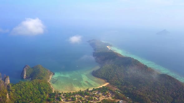 Aerial view of Phi Phi, Maya beach at sunset with Andaman sea in Phuket. Thailand