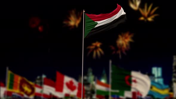 sudan Flag With World Globe Flags And Fireworks 