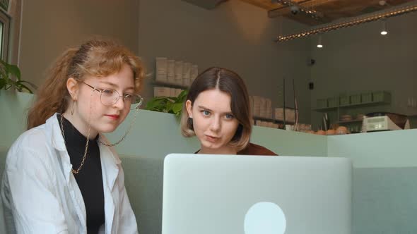 Young Girls Work Remotely in a Cafe on the Summer Terrace