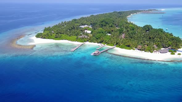 Drone nature of lagoon beach by blue lagoon and sand background