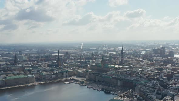 Panoramic Aerial View of Hamburg City Center with Famous Landmarks and Jungfernstieg By the