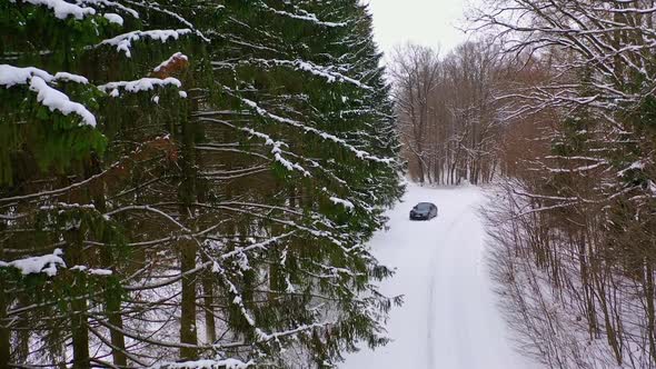 Winter country road with car. Aerial view of winter road and car in forest