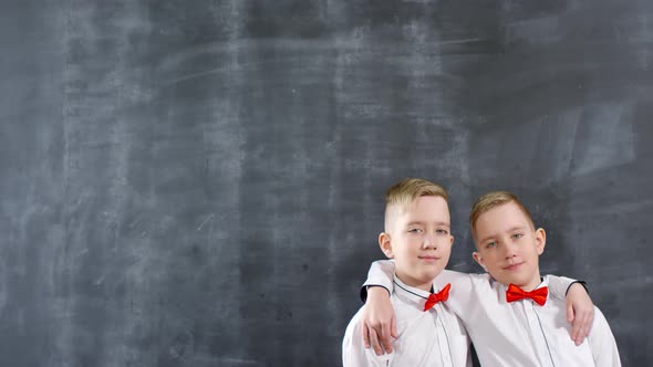 Caucasian Twins Hugging and Posing against Chalkboard alt
