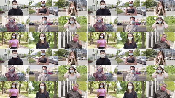 Compilation  Group of Multicultural People with Face Mask Takes Off Face Masks and Looks to Camera