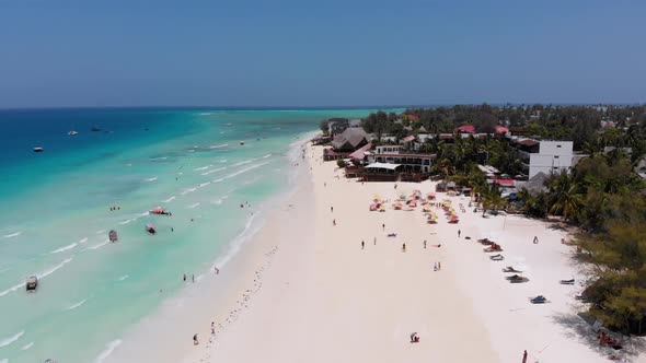 Aerial View Paradise Sandy Beach with Clear Turquoise Ocean Zanzibar Africa
