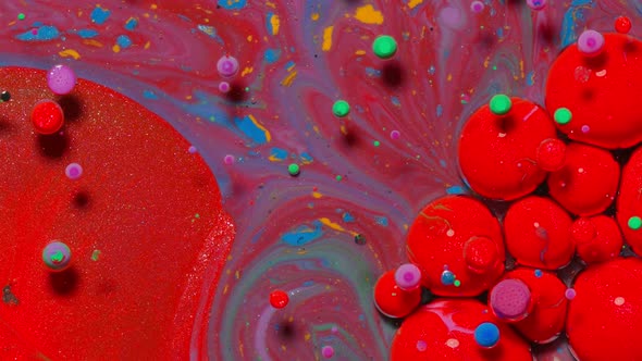 Macro Structure of Multicolored Water Paint Oil Bubbles Movement Bright Colorful Acrylic Painting