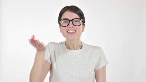 Young Woman Waving and Talking on White Background