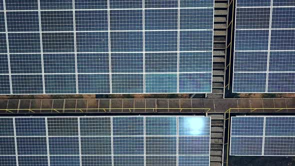 Aerial view of Solar panels. Solar power plant. Source of ecological renewable energy.