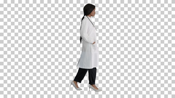 Sad African american female doctor walking, Alpha Channel