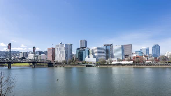 Portland Oregon downtown city skyline timelapse hyperlapse on a clear and beautiful morning.