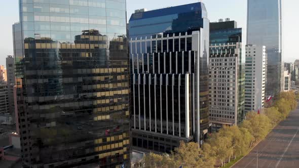 Aerial panorama revealing line of Skyscrapers up close in Santiago de Chile.4k