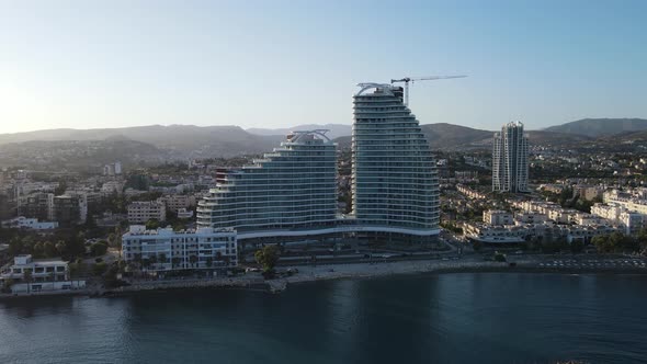 Embankment of Limassol in Cyprus. Modern architecture and old town. Skyscrapers.