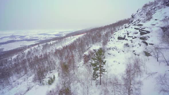 flying along a snow-covered mountain