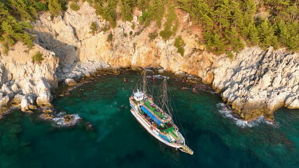 People swim in the azure sea aerial view 4 K Turkey Alanya