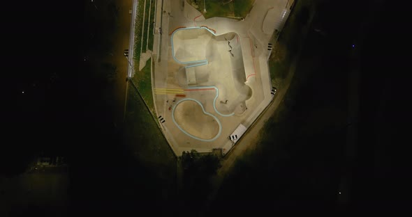 Birds eye view of the Lee and Joe Jamail skate park across from downtown Houston