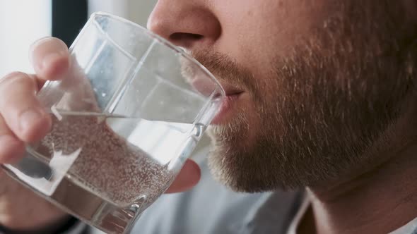 Close Up Cropped Man Holding Glass Drinking Still Water Health Care Healthy Lifestyle Concept
