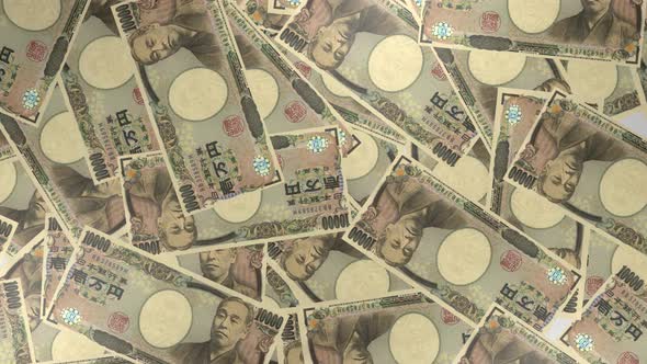 10000 Japanese yen bills background. Many banknotes.