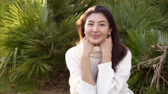 Slow Motion Young Asian Woman in City Face Portrait Smile Happy