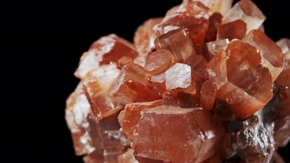 Macro View Over Brown Aragonite Star Clusters. Rotating Mineral