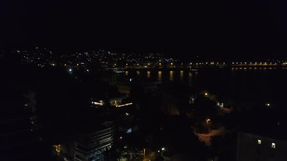 Aerial view of Alithini at night, Syros island, Greece.