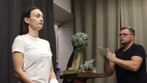 Man Sculptor Creates Sculpt Bust Clay Human Woman Sculpture