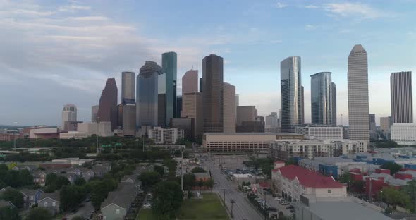 Aerial view of downtown Houston skyline at dawn. This video was filmed in 4k for best image quality.