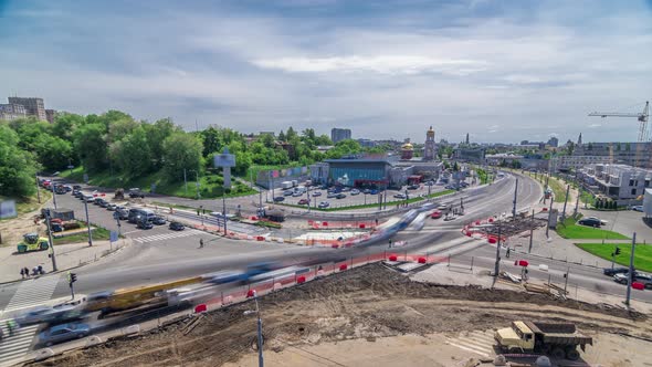 Aerial View of a Large City Intersection with Road Construction Site Urban Works Timelapse