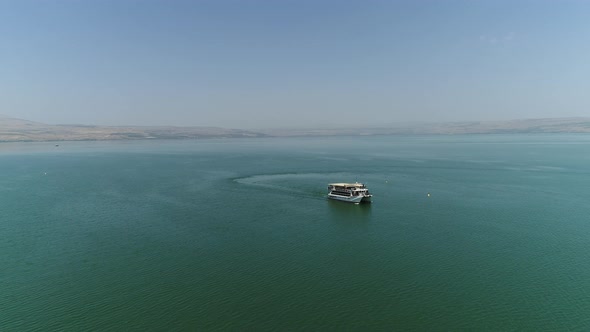 Aerial of a tourist boat on the Sea of Galilee