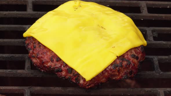 Closeup of the Juicy Meat Burger Cutlet with Cheddar Cheese on the Grill