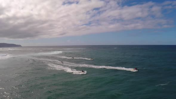 Aerial view of lifeguard surf rescue jet ski personal watercraft in Hawaii