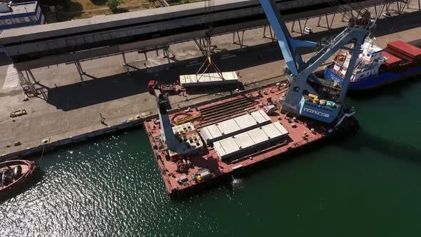 Ukraine  May 2016 Aerial View of Oversized Cargo Reloading From Ship to Truck