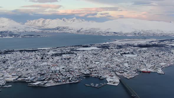 Aerial view of Tromso city in northern Norway, Arctic town