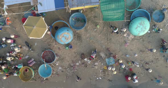 Top view, aerial view fishing harbor from the drone. Phan Thiet city, Vietnam