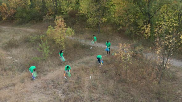 Drone Shot of Diverse Activists Collecting Garbage