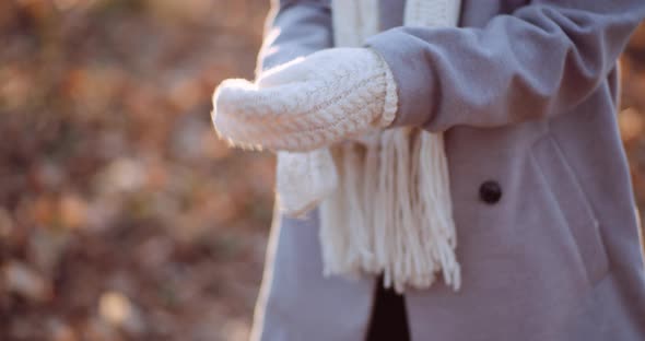 Woman Putting Wool Gloves on Hands in Winter