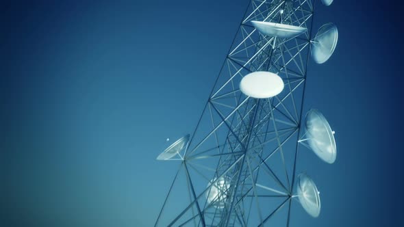 Endless animation of communication tower with uprising camera. Loopable. HD