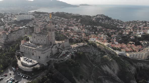 Aerial view of the basilica Notre Dame de la Garde in Marseille. France 2020