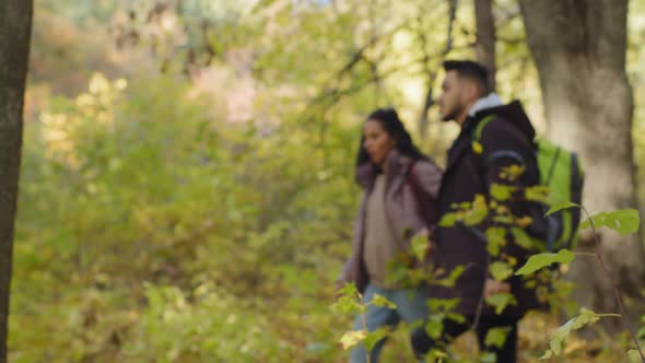 Out Focus Young Couple Hikers Travel with Backpack Walking in Forest Talking Discussing Correct